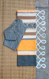 Yellow Multi Begampur Handwoven Cotton Saree New! with The Chikankari Grey Blouse - New Version!