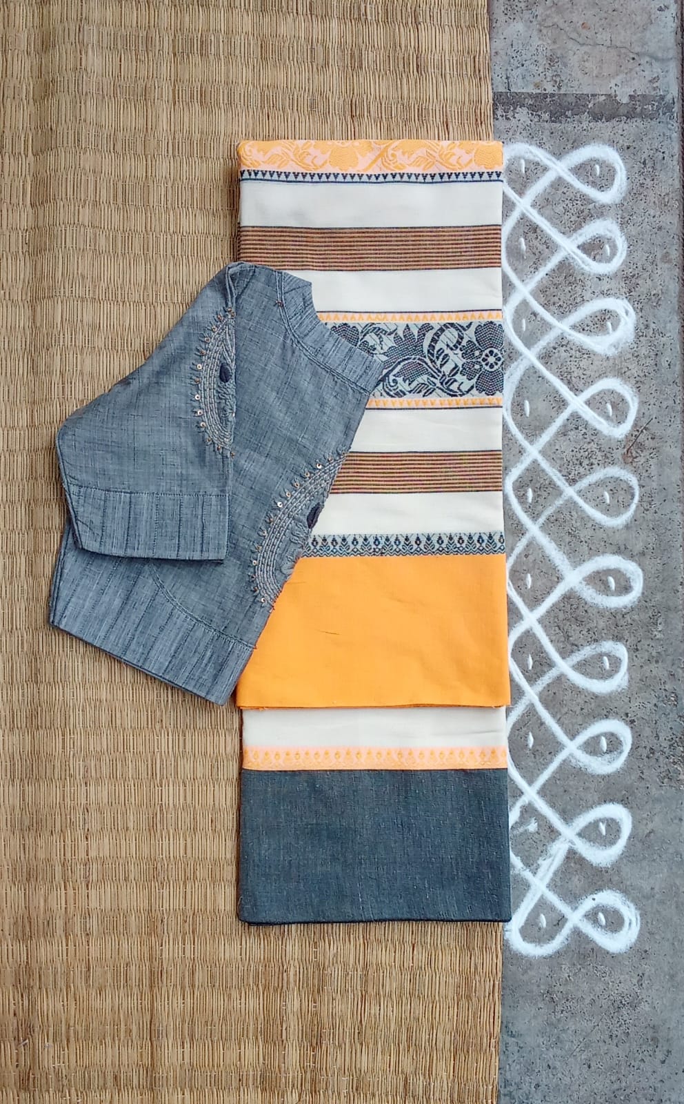 Yellow Multi Begampur Handwoven Cotton Saree New! with The Chikankari Grey Blouse - New Version!