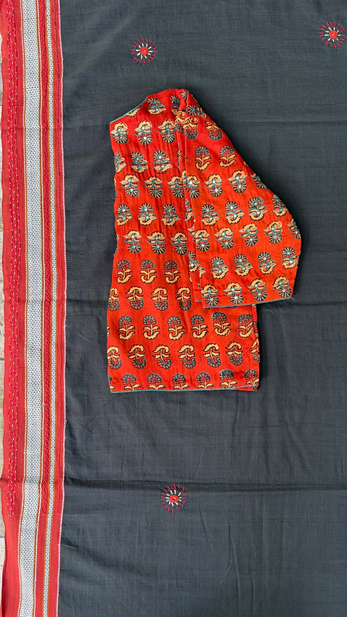 Ilkal Hand Embroidered Cotton Saree with The Festive Red Modal Blouse