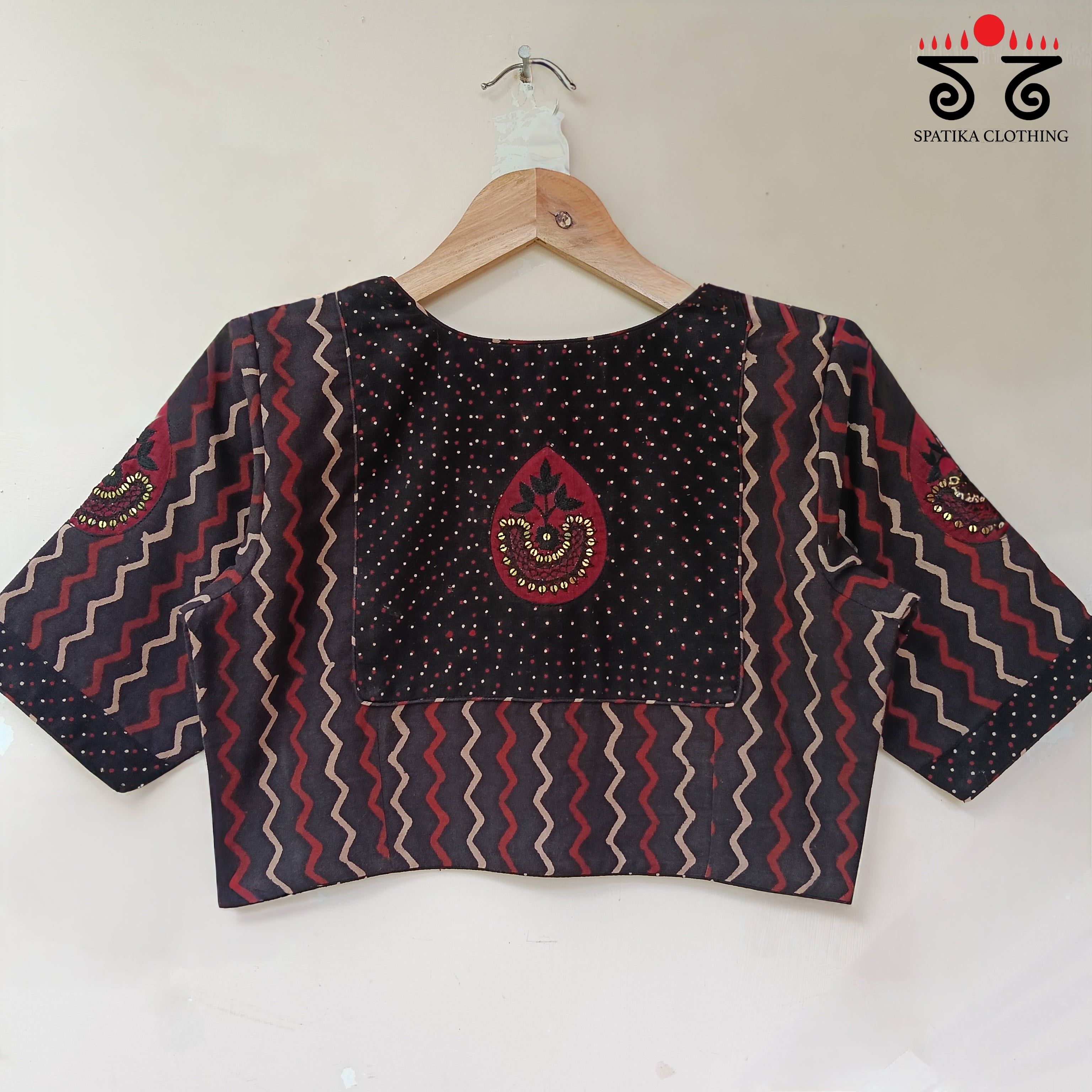 Black Motif Inlay Hand - Embroidered Blouse
