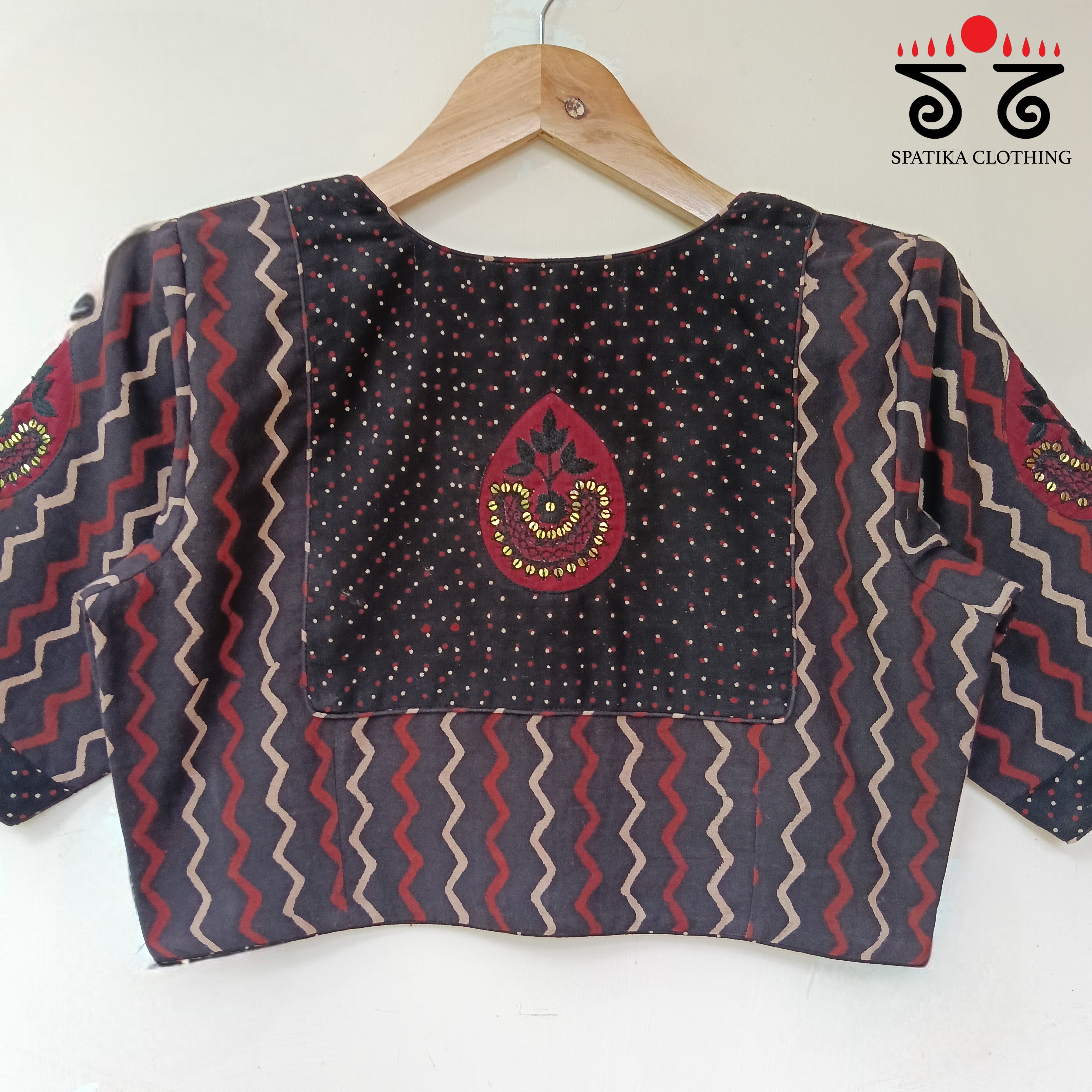 Black Motif Inlay Hand - Embroidered Blouse