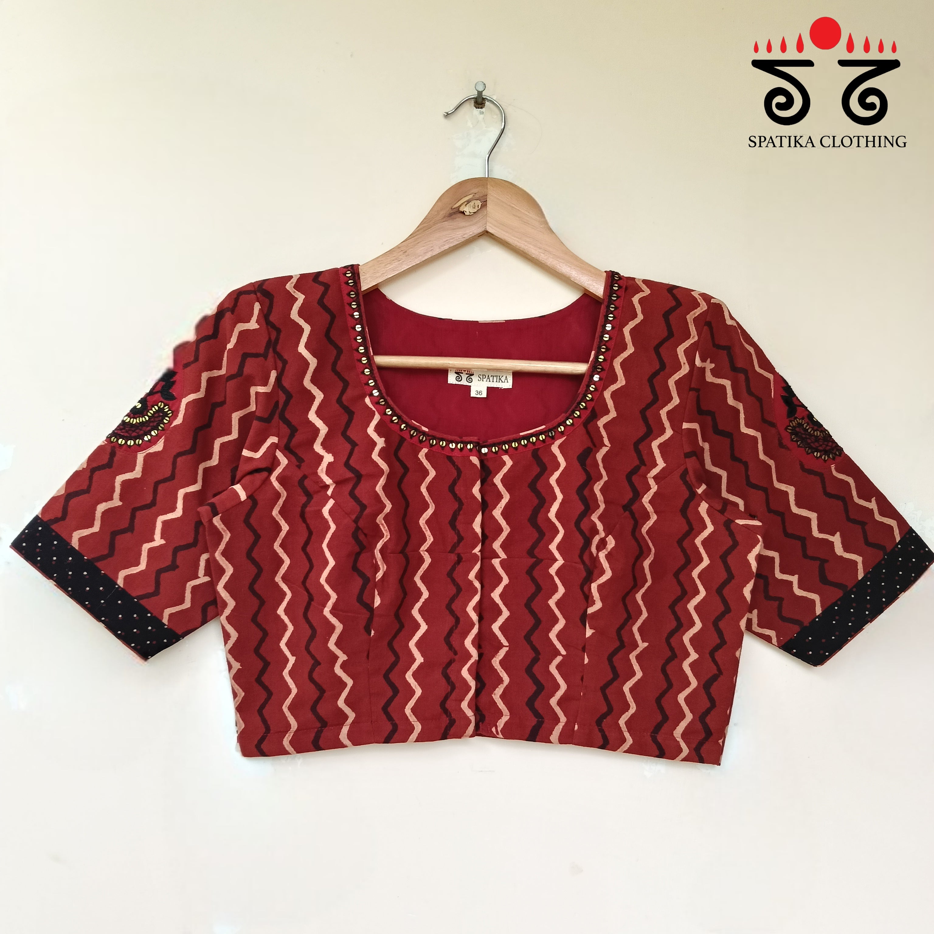 Red Motif Inlay Hand - Embroidered Blouse