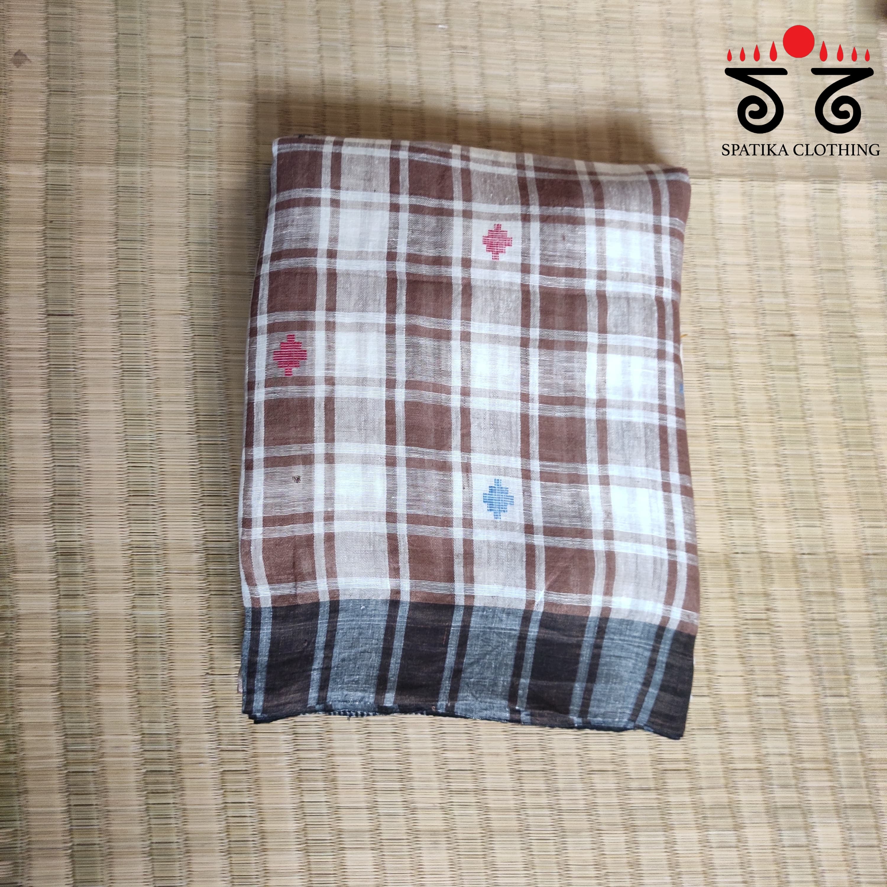 Jamdhani on Brown & White Linen Cotton Saree