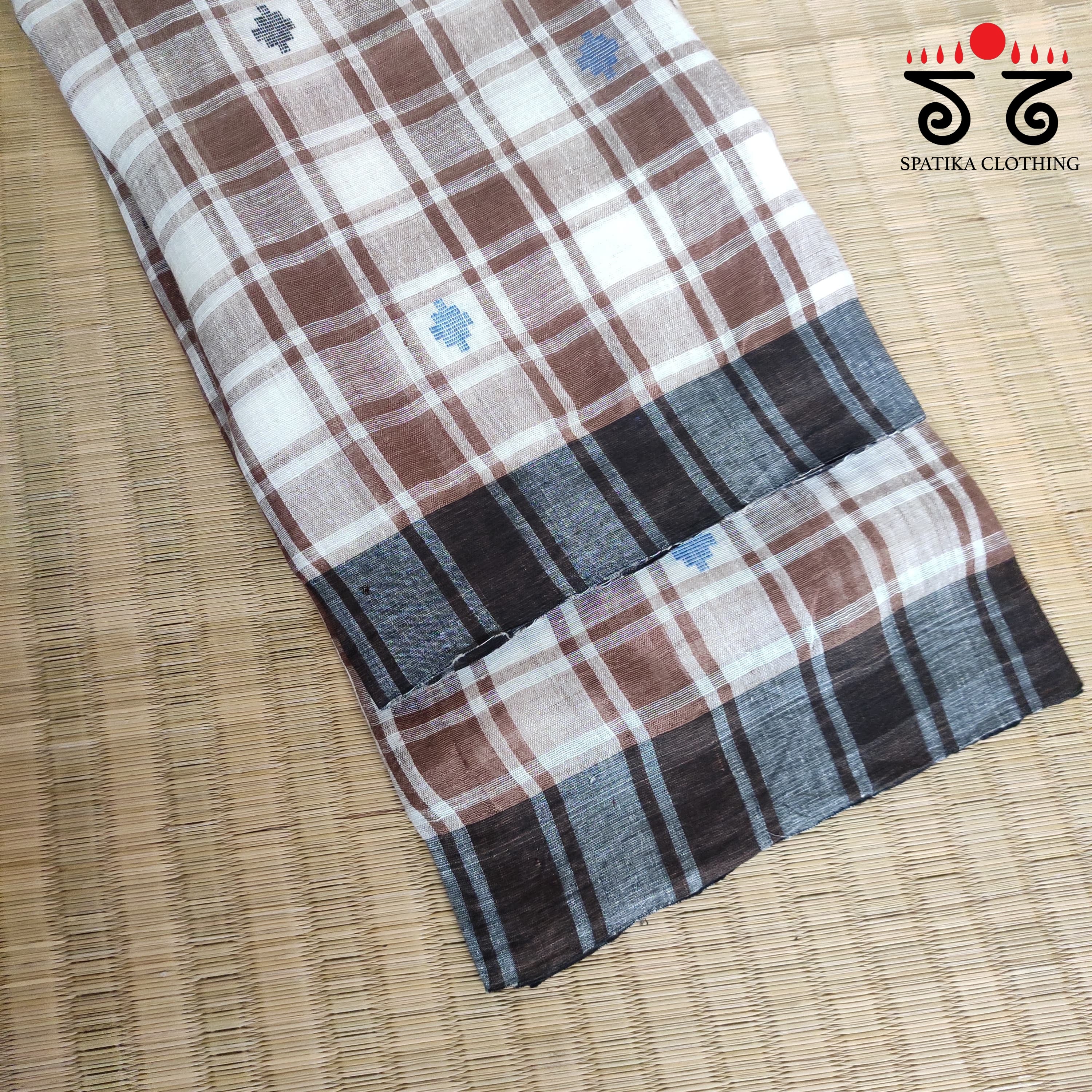 Jamdhani on Brown & White Linen Cotton Saree