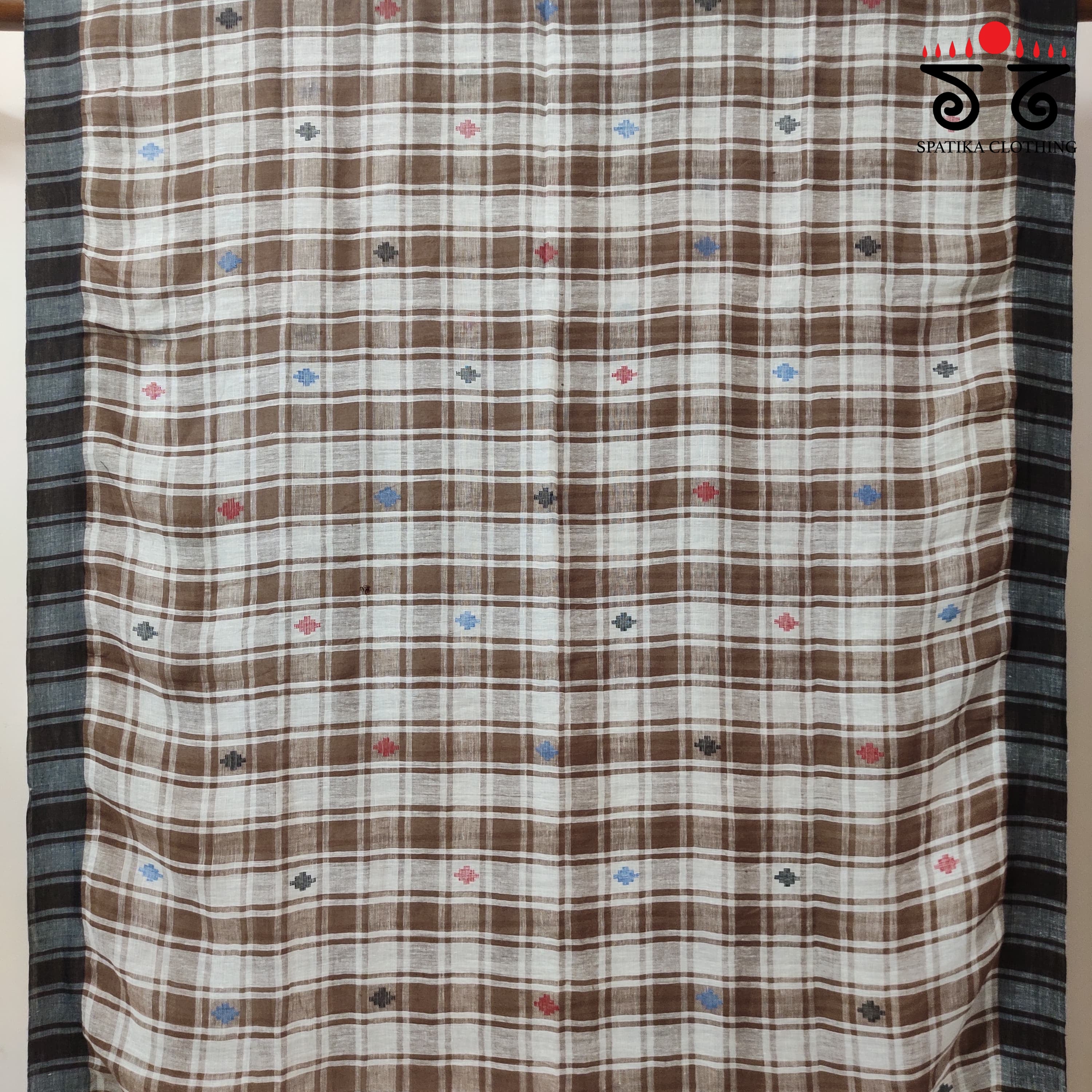 Jamdhani on Brown & White Linen Cotton Saree