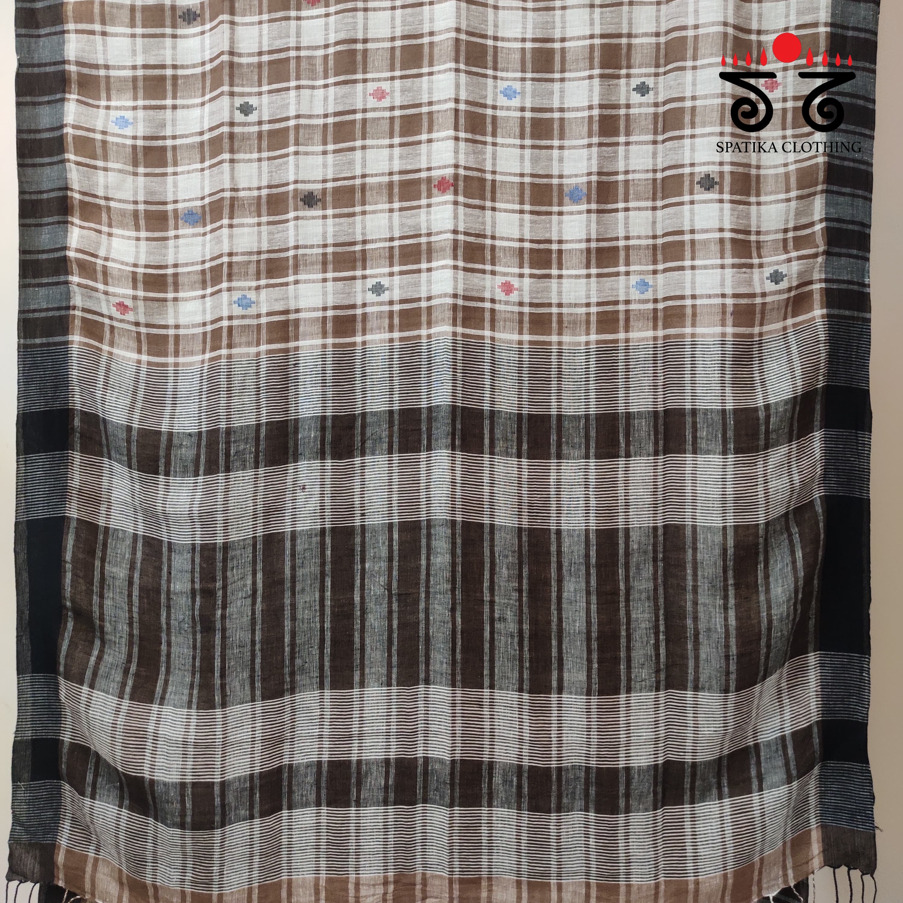 Jamdhani on Brown & White Linen Cotton Saree