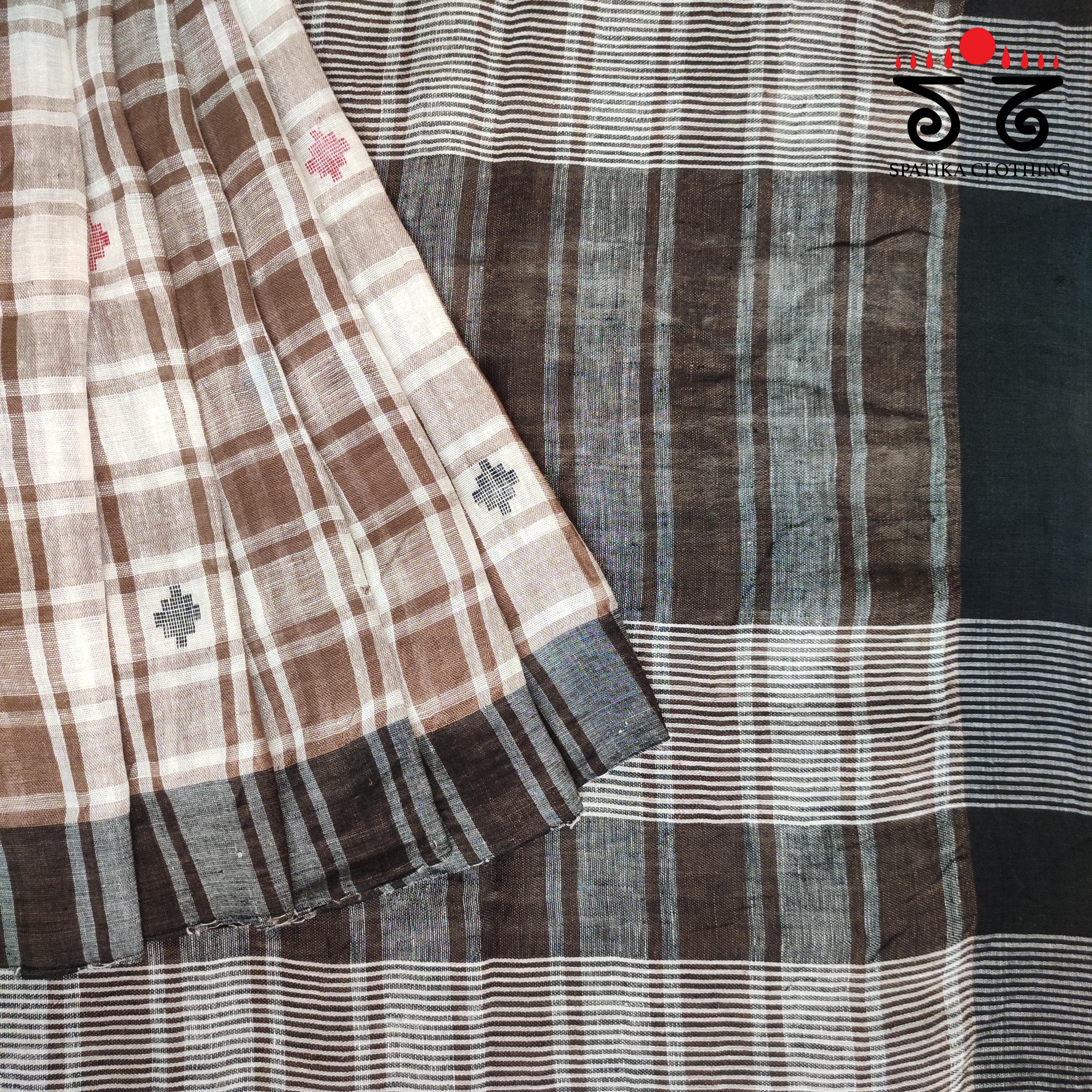 Jamdhani on Brown & White Linen Cotton Saree