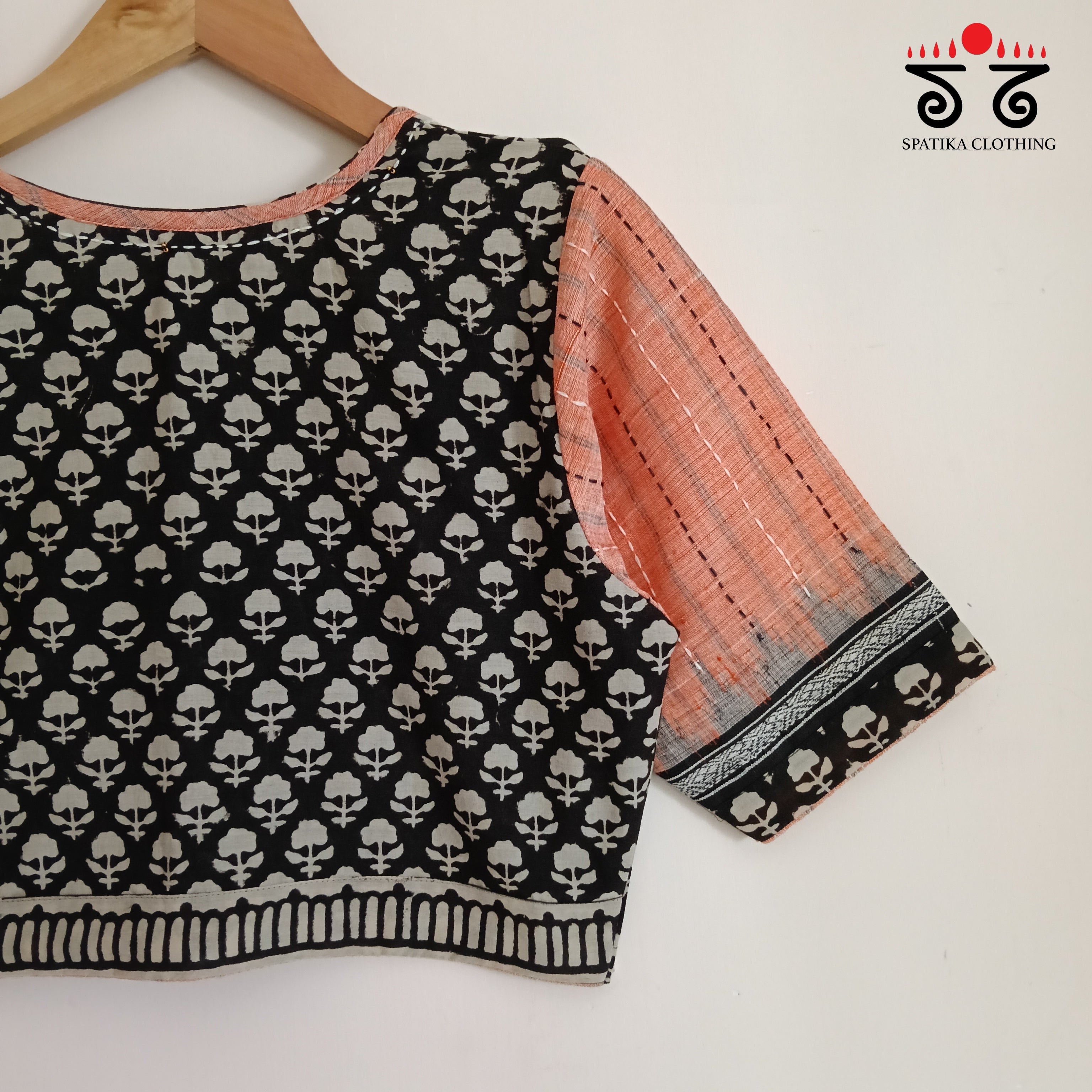 Ponduru Bagru - Black & Peach Handcrafted Blouse