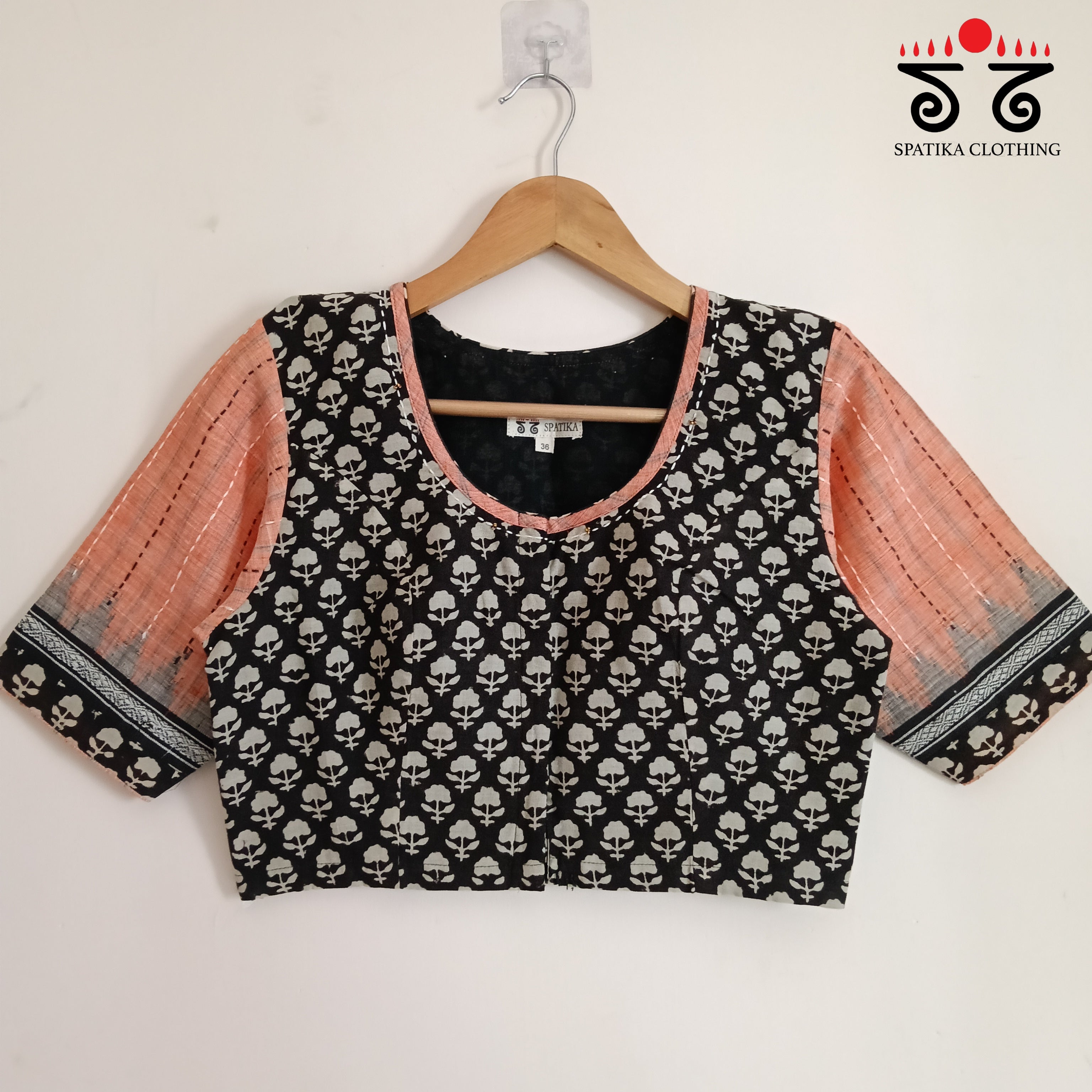 Ponduru Bagru - Black & Peach Handcrafted Blouse