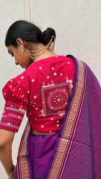 Festive Kanjivaram Silk Cotton- Purple with The Lambani - Bandhani Blouse