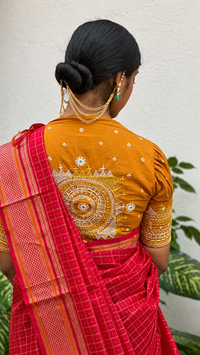 Festive Kanjivaram Silk Cotton- Red with Orange Lambani - Bandhani blouse