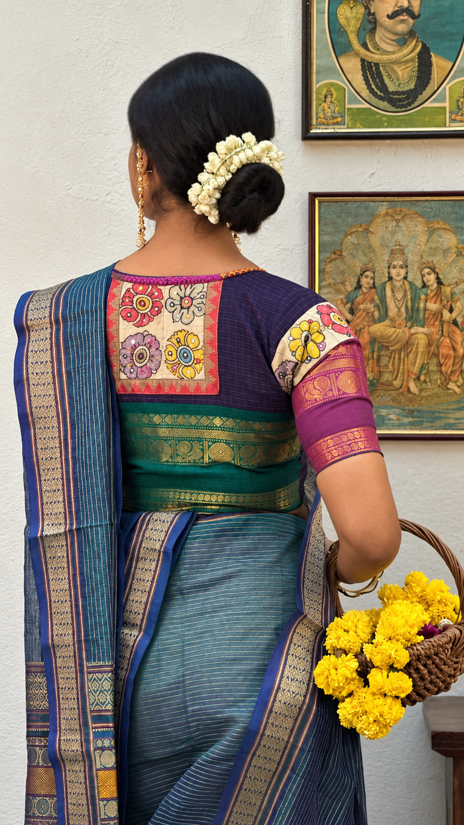 Festive Kanjivaram Silk Cotton- Teal with Blue Chettinad - Pen Kalamkari Blouse