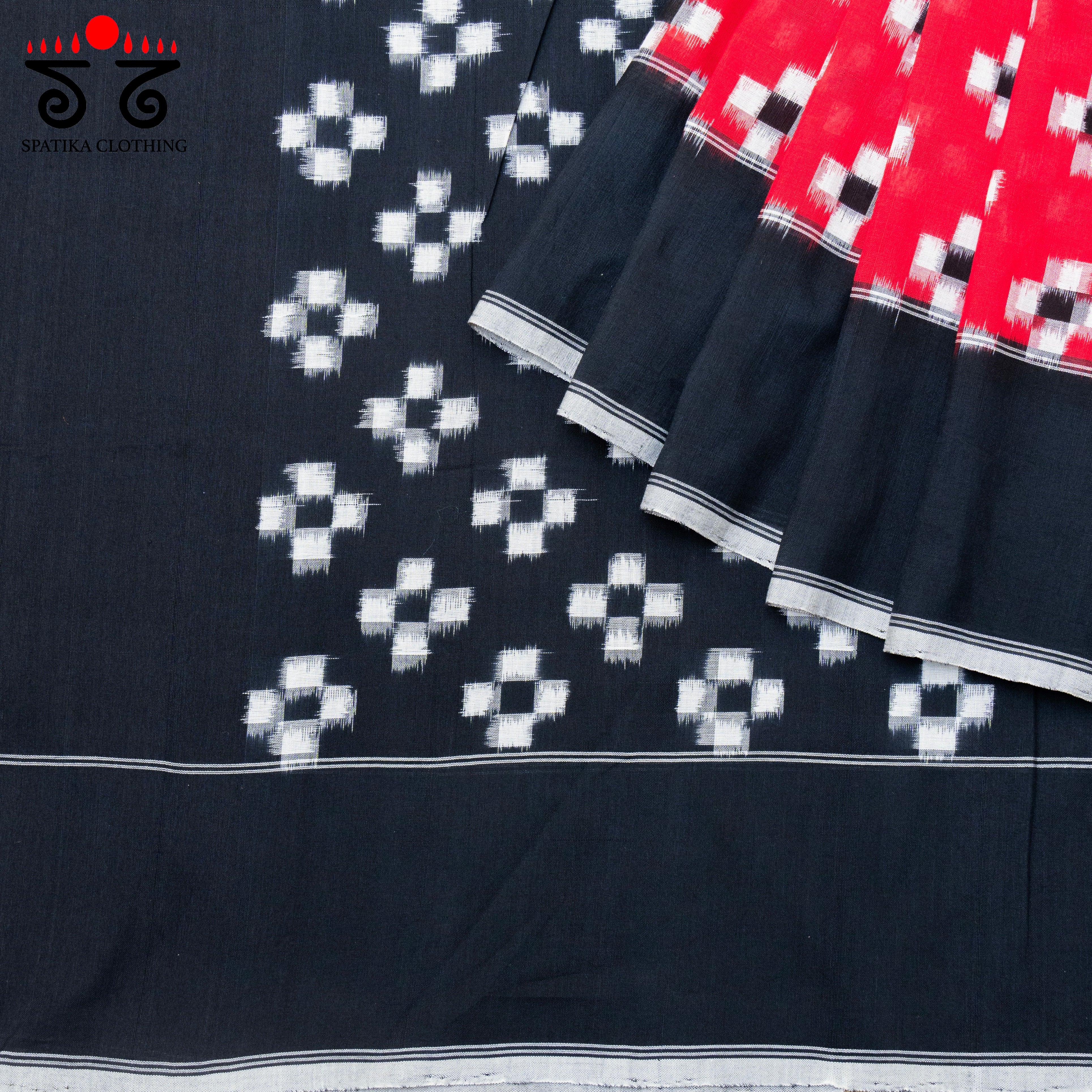 Red, Black & White Telia Rumal Ikat Cotton Saree