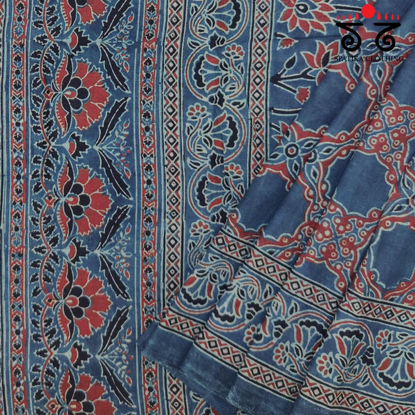 Ajrakh Handblock Print on Mulmul Cotton Saree