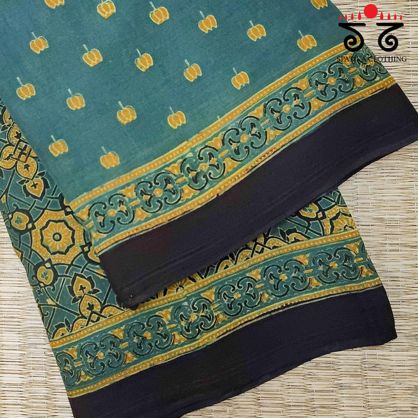 Ajrakh Handblock Print on Mulmul Cotton Saree