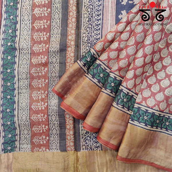 Bagru Handblock Print on Tussar Silk Saree