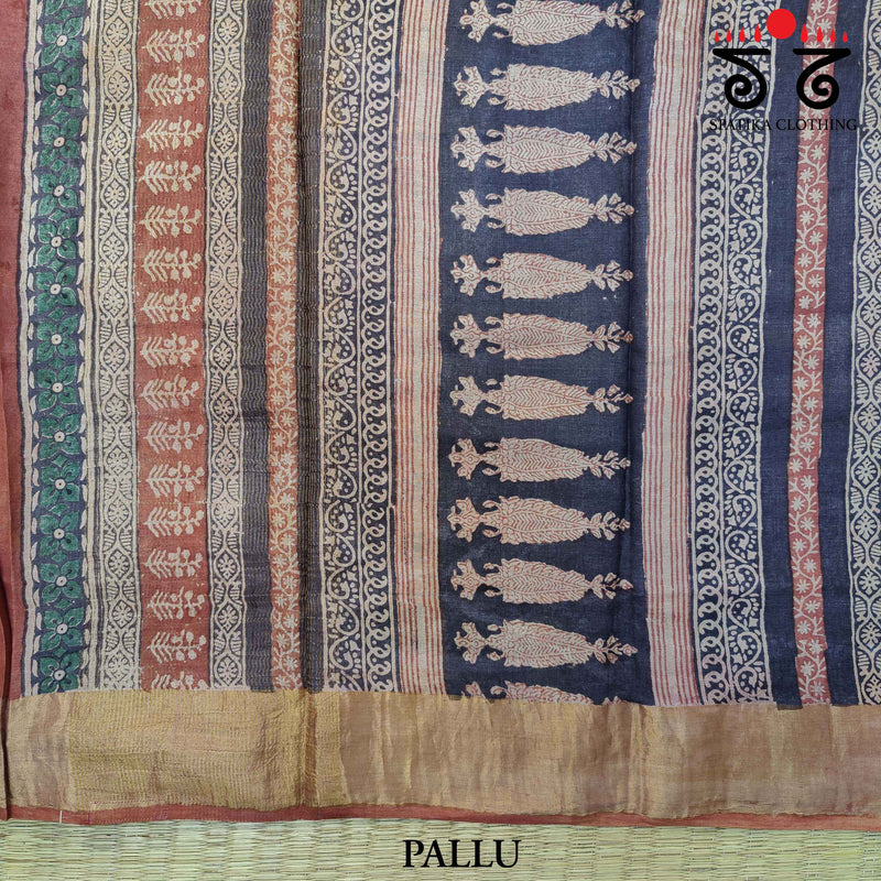 Bagru Handblock Print on Tussar Silk Saree