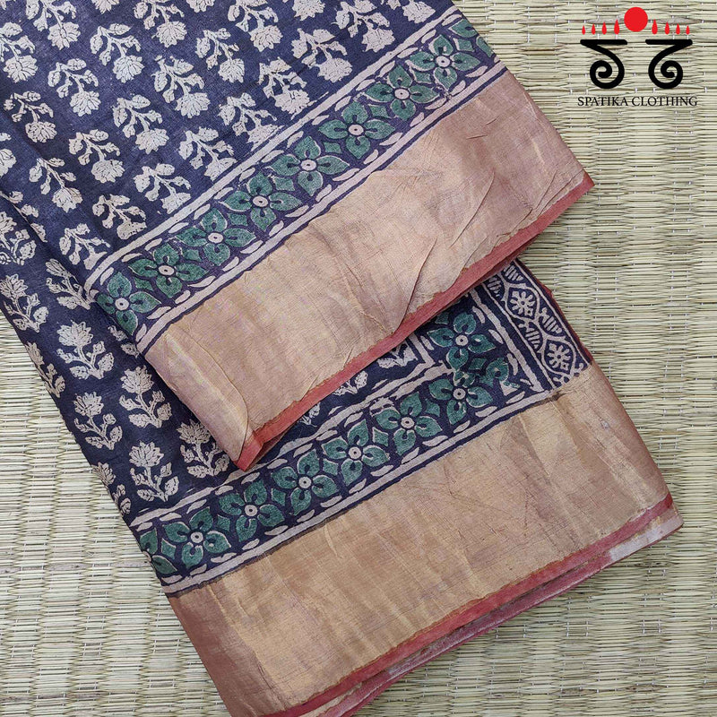 Bagru Handblock Print on Tussar Silk Saree