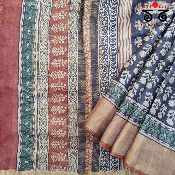 Bagru Handblock Print on Tussar Silk Saree