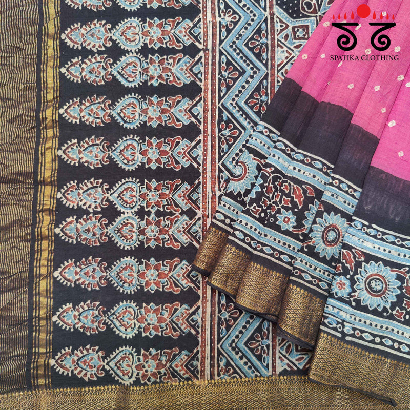 Ajrakh - Bandhani on Mangalagiri Cotton Saree