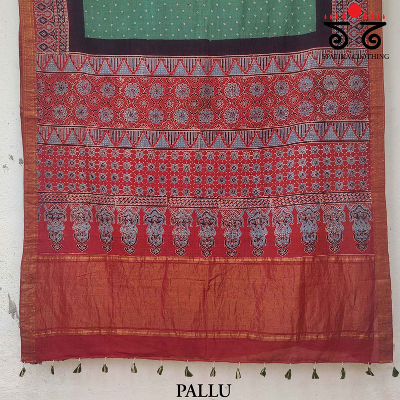 Ajrakh - Bandhani on Mangalagiri Cotton Saree