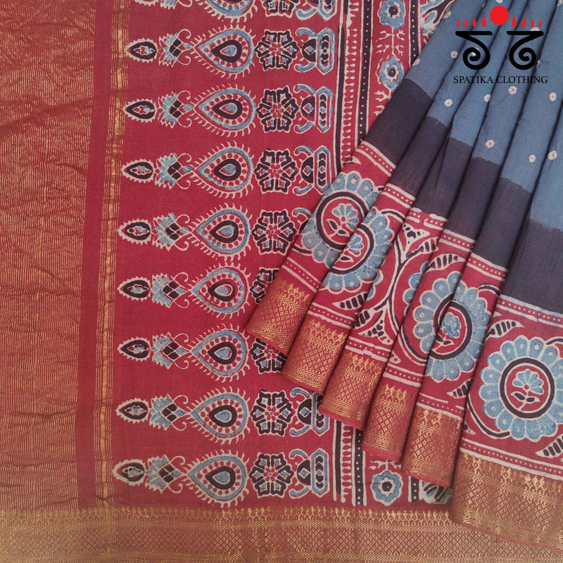 Ajrakh - Bandhani on Mangalagiri Cotton Saree