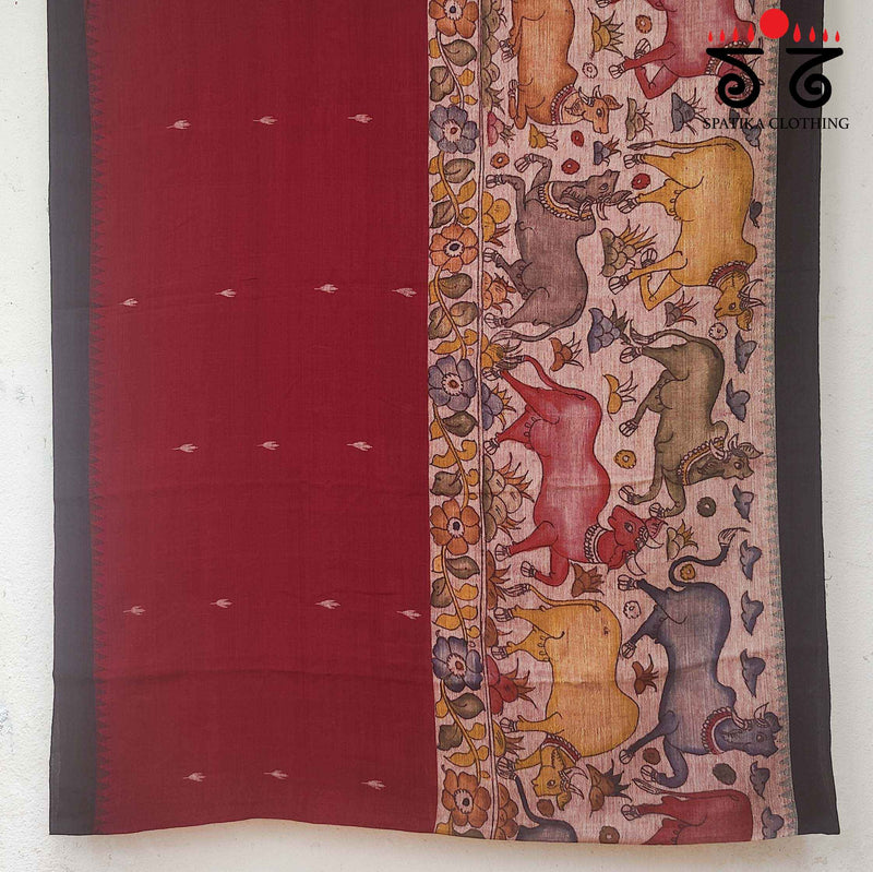 Pen Kalamkari on Jamdhani - Ponduru Half & Half Handspun Cotton Saree