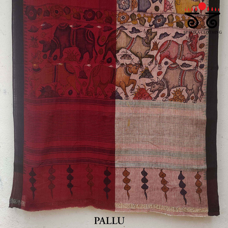 Pen Kalamkari on Jamdhani - Ponduru Half & Half Handspun Cotton Saree