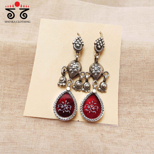 Red Vintage Trea Drop Silver Earring - Handpainted