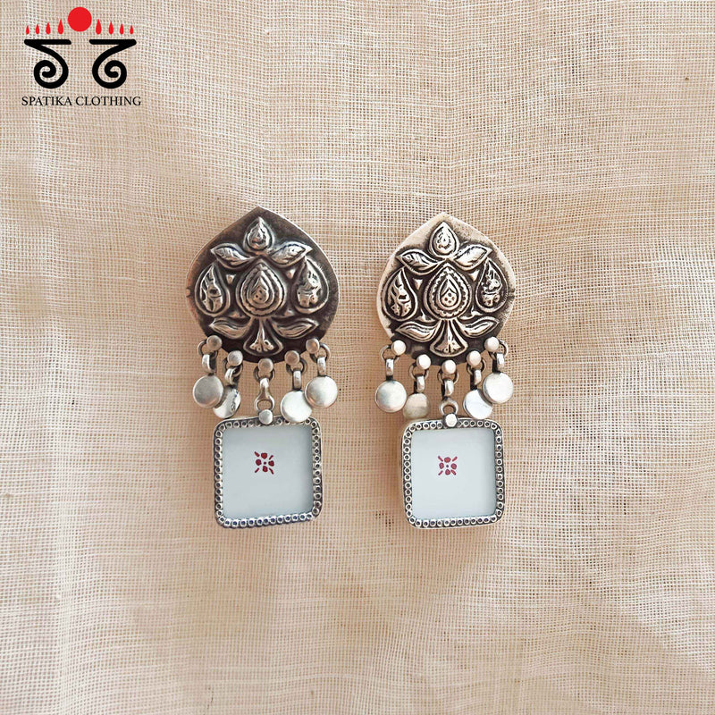 Raga Tassel White Silver Earrings - Handpainted