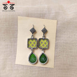 Green Double Motif Silver Earrings - Handpainted