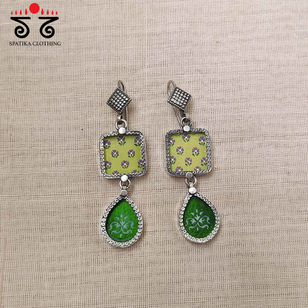 Green Double Motif Silver Earrings - Handpainted