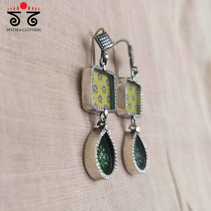 Green Double Motif Silver Earrings - Handpainted