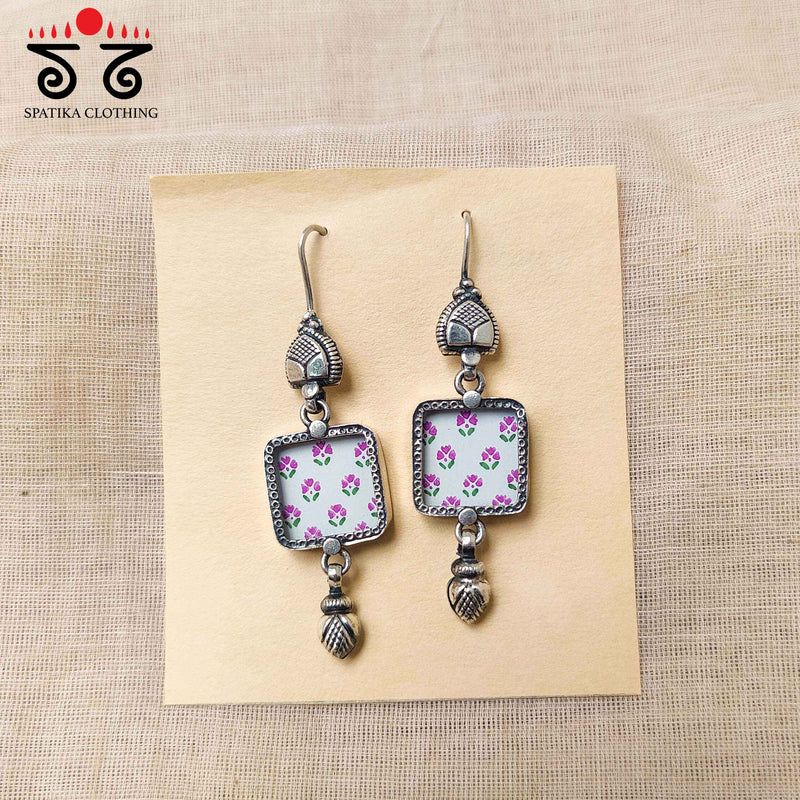 White Square Silver Earrings - Handpainted