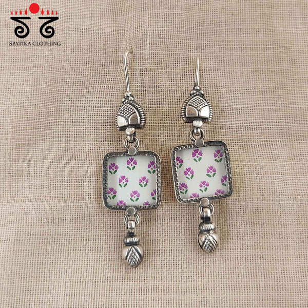 White Square Silver Earrings - Handpainted