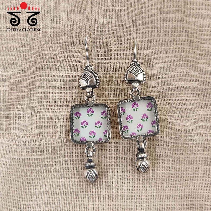 White Square Silver Earrings - Handpainted