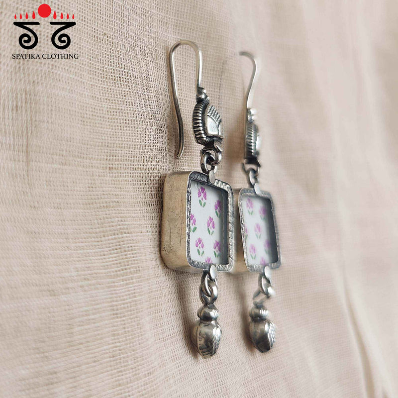 White Square Silver Earrings - Handpainted