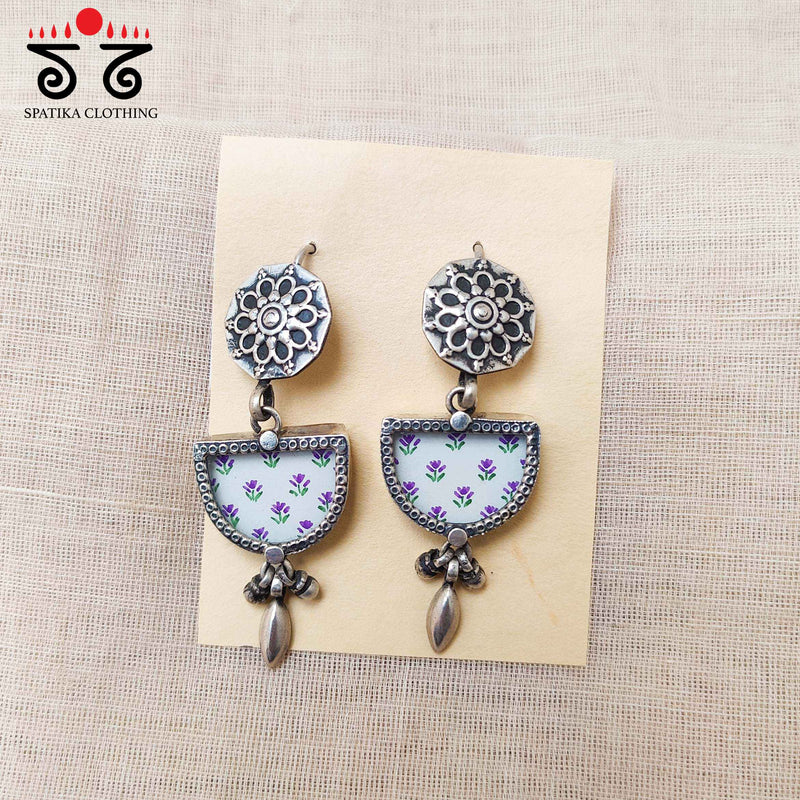 White D Shaped Silver Earrings - Handpainted