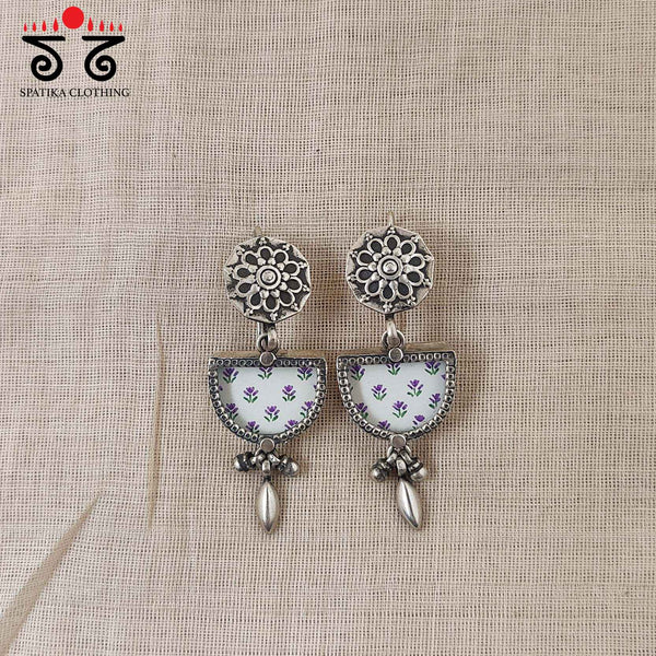 White D Shaped Silver Earrings - Handpainted