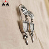 White D Shaped Silver Earrings - Handpainted