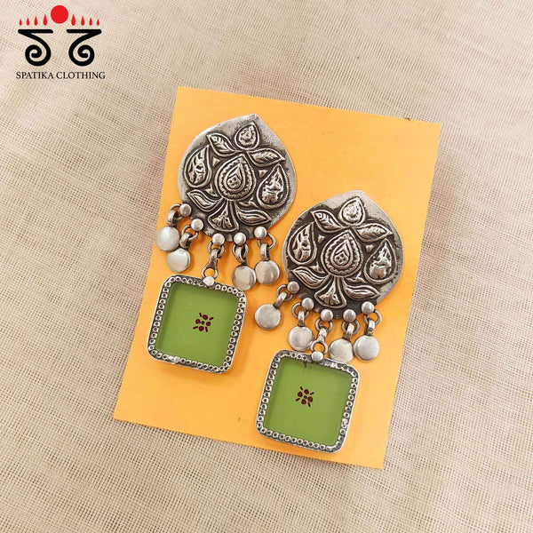 Raga Tassel Lime Green Silver Earrings - Handpainted