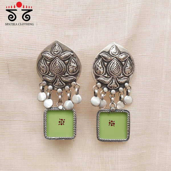 Raga Tassel Lime Green Silver Earrings - Handpainted