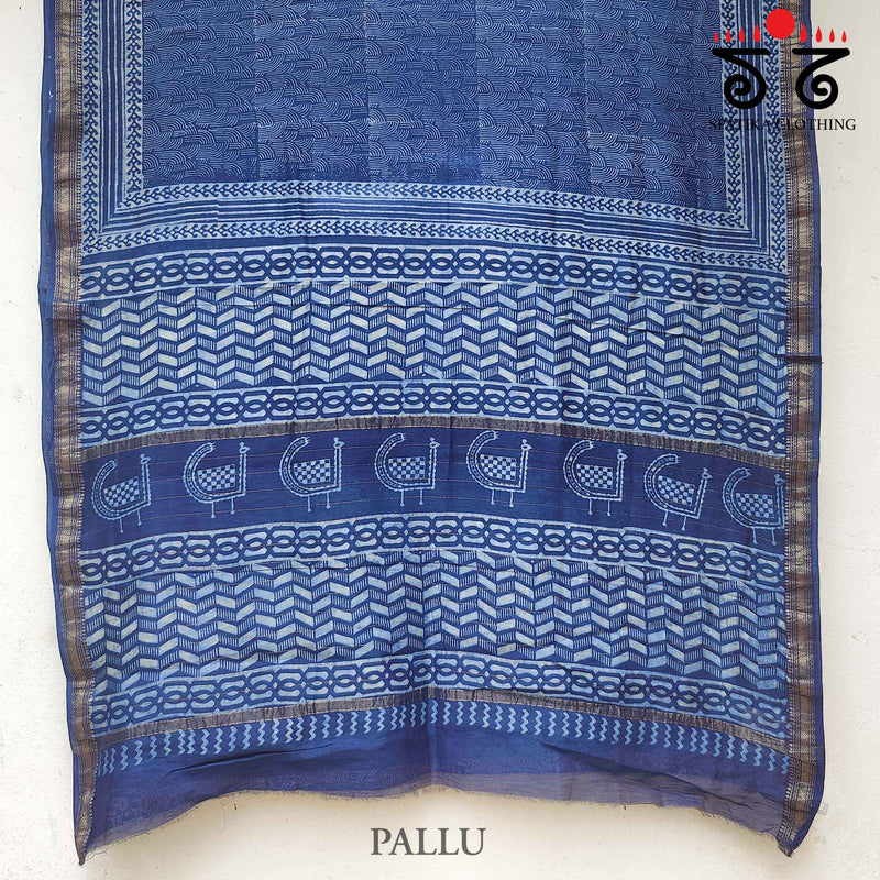 Akola Handblock Print on Maheshwari Silk cotton Saree