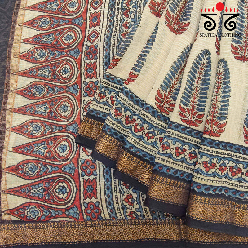 Ajrakh Handblock Print on Maheshwari Saree