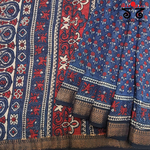 Ajrakh Handblock Print on Maheshwari Saree