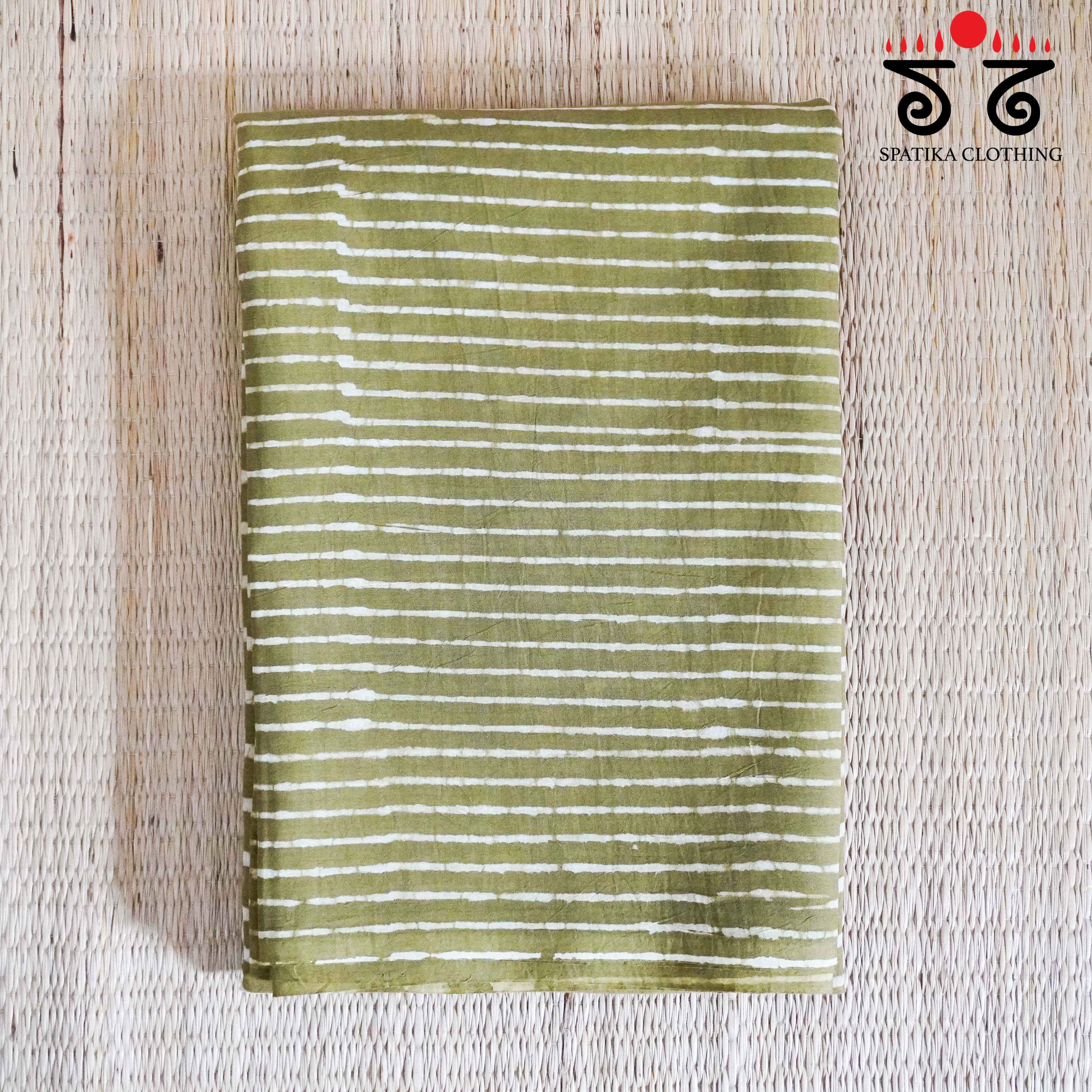 Green & White Hand Blockprinted Mul Cotton Saree