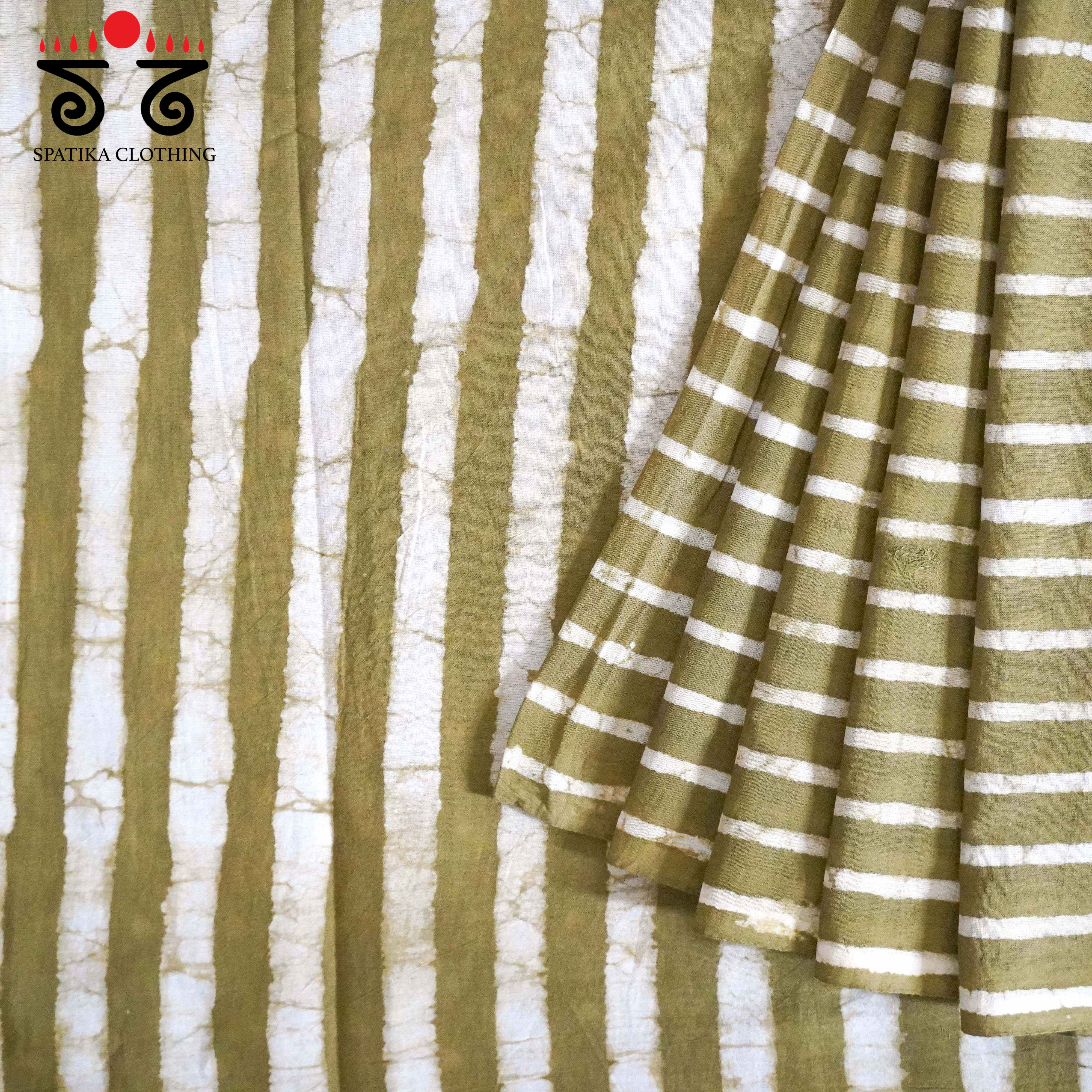 Green & White Hand Blockprinted Mul Cotton Saree