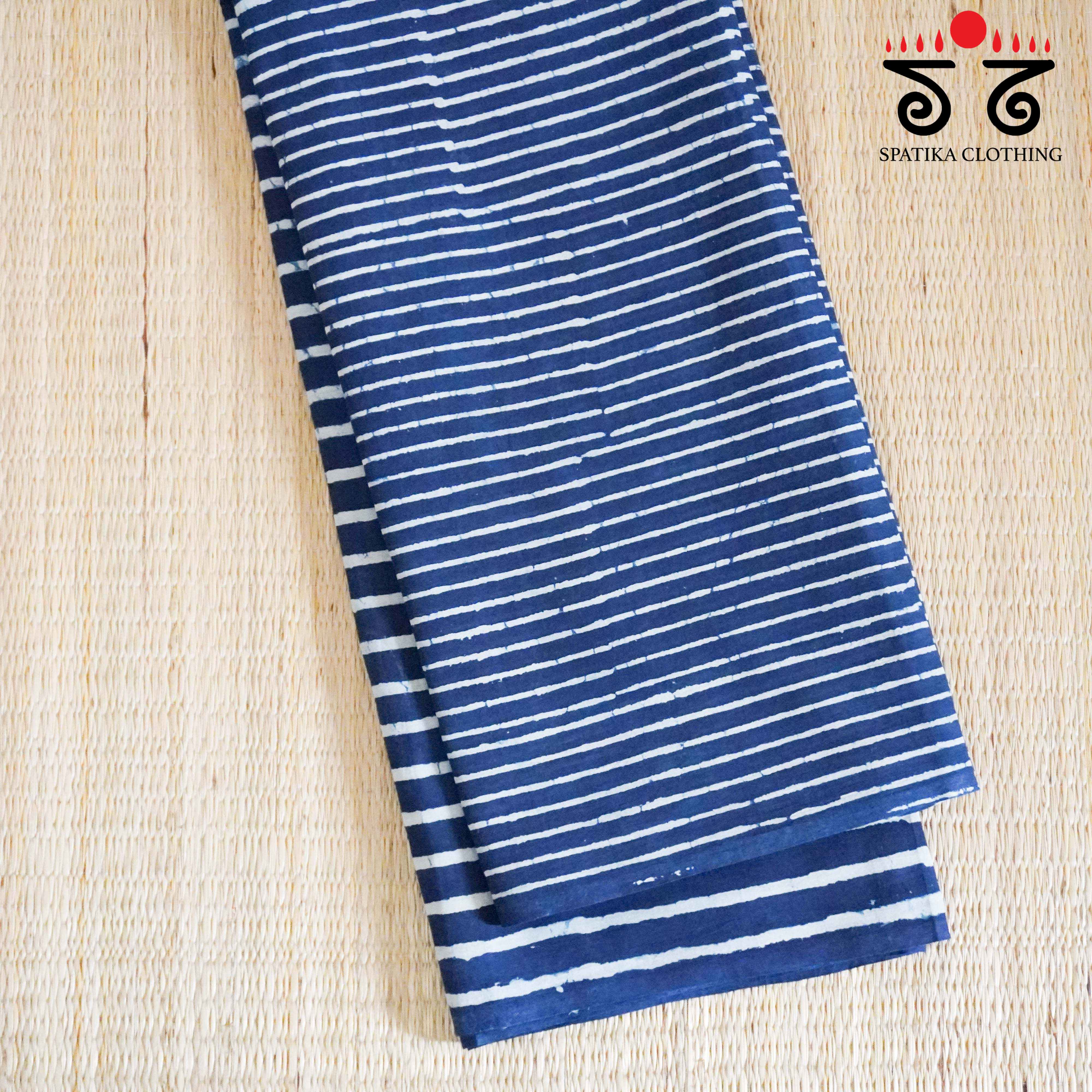 Indigo & White Hand Blockprinted Mul Cotton Saree