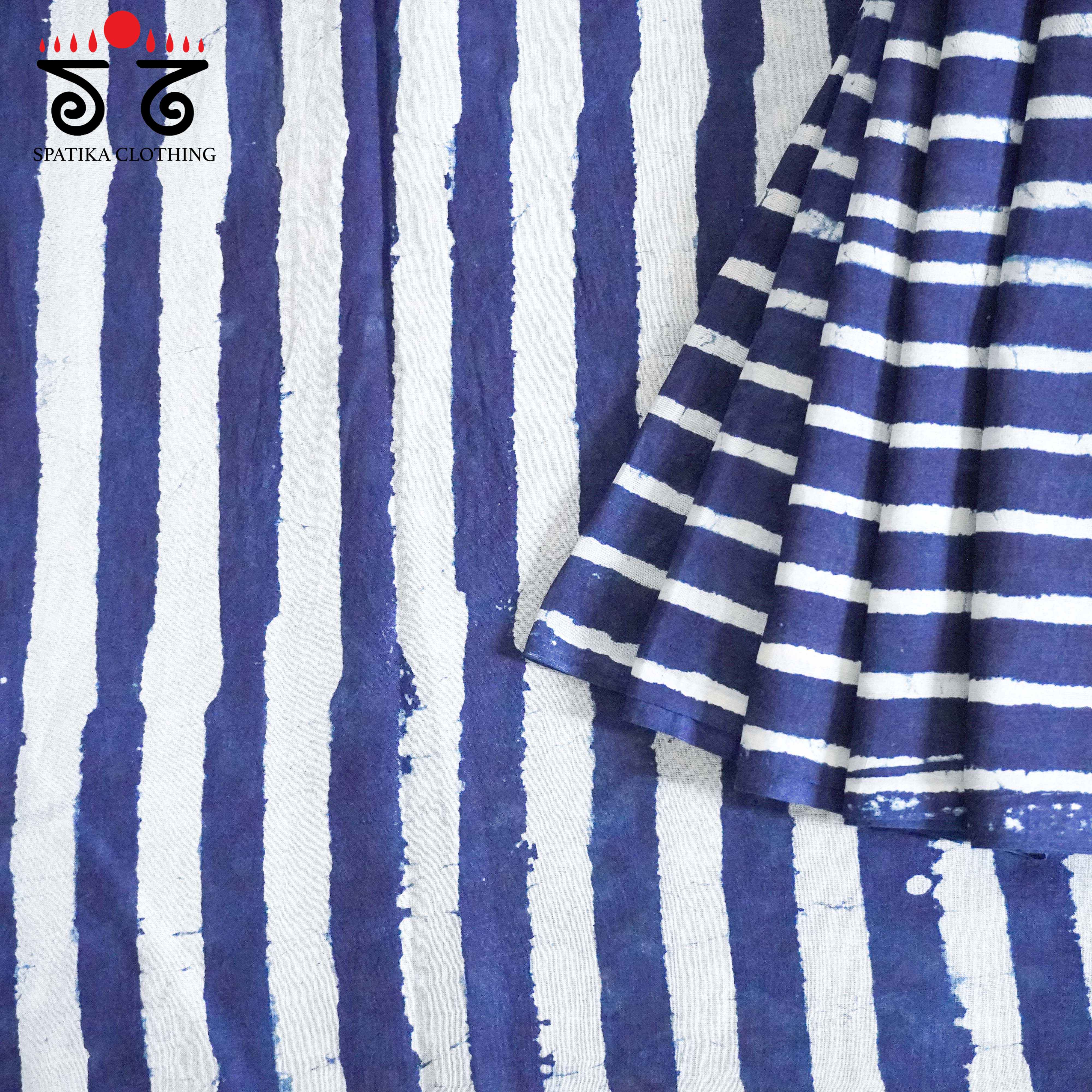 Indigo & White Hand Blockprinted Mul Cotton Saree
