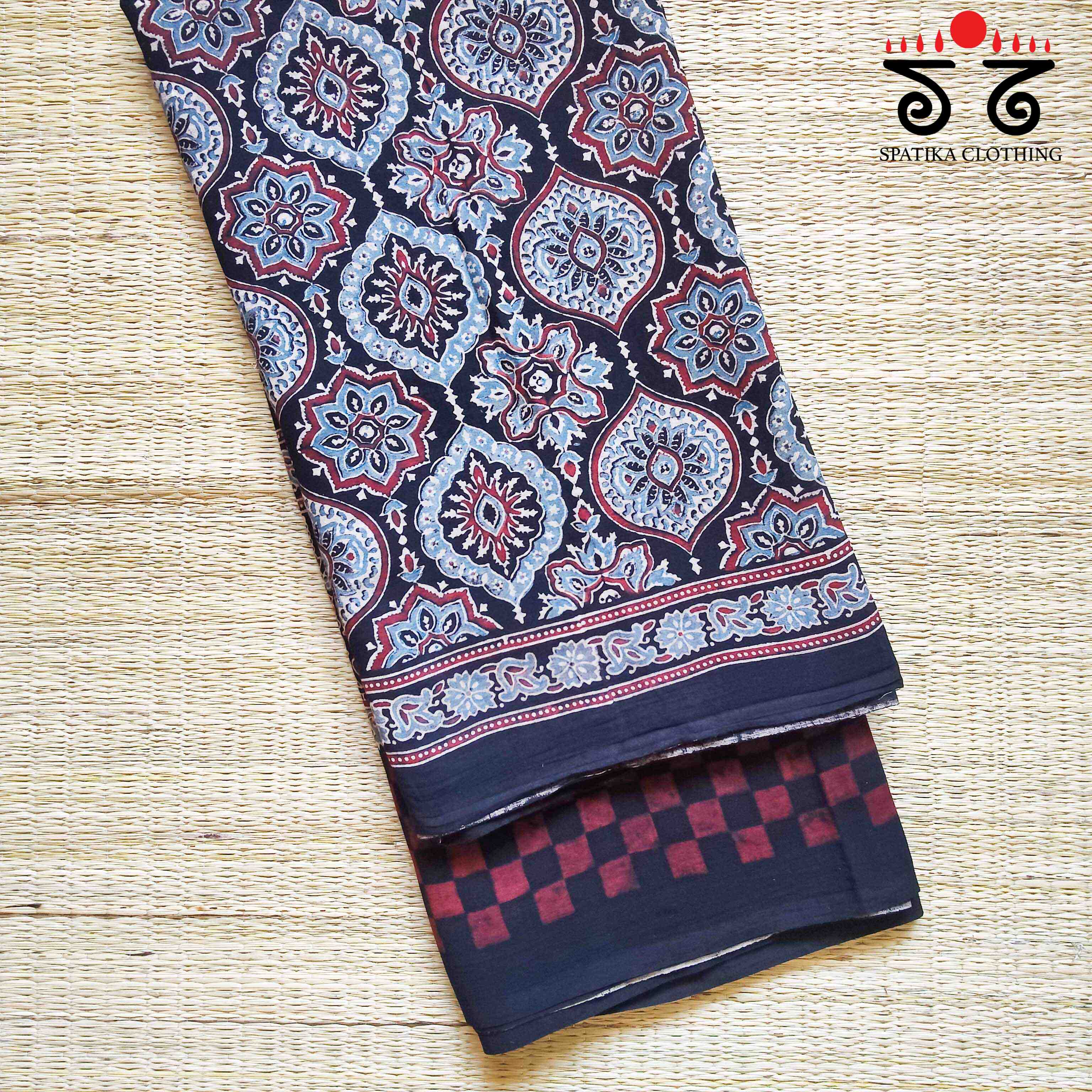Ajrakh Handblock Print on Black Mulmul Cotton Saree